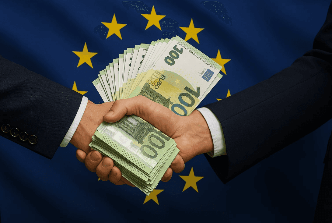 Hands shaking with a stack of money in the middle and the EU flag in the background