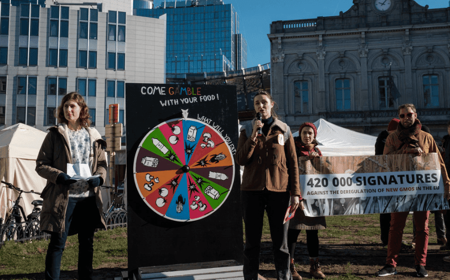 Group of people gathered in front of the EU Parliament in Brussels for a manifestation